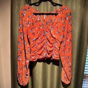 Free People Orange Off the Shoulder Puff Sleeve Crop Blouse